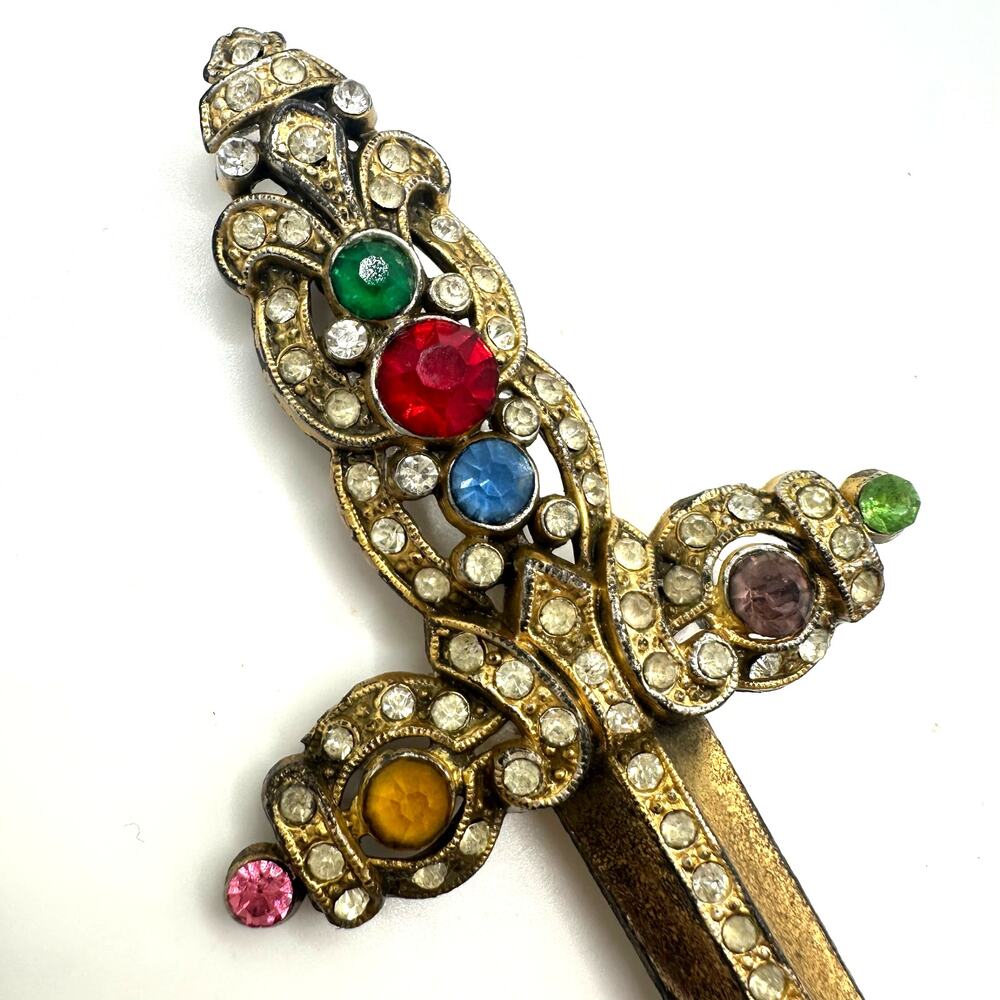 Antique vintage massive 5” gold tone multicolor rhinestones sword dagger brooch - Picture 2 of 7